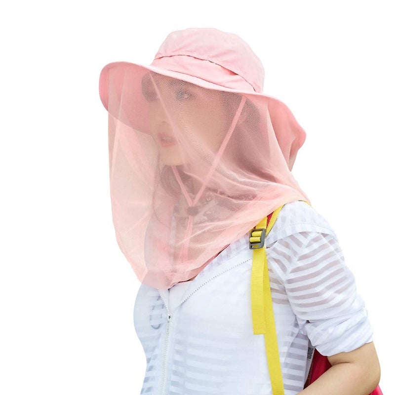 Jackcell Mosquito Head Net Hat, Safari Hat Sun Hat with Mesh Protection from Insect Pink - Image 1
